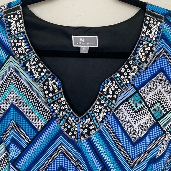 JM Collection Beaded Dress in Geometric Blue Print Size XL - Picture 3 of 9